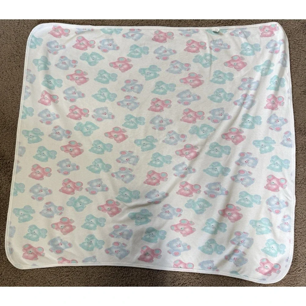 Carters White Blue Green Pink Teddy Bear Baby Blanket Cotton Pastel Vintage 90's